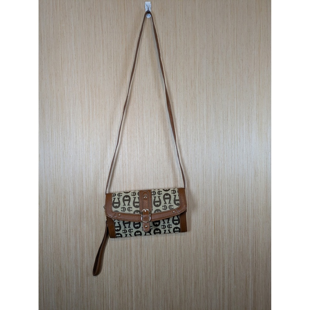 Etienne Aigner Monogram Canvas Crossbody Wallet Brown Tan Wristlet Purse